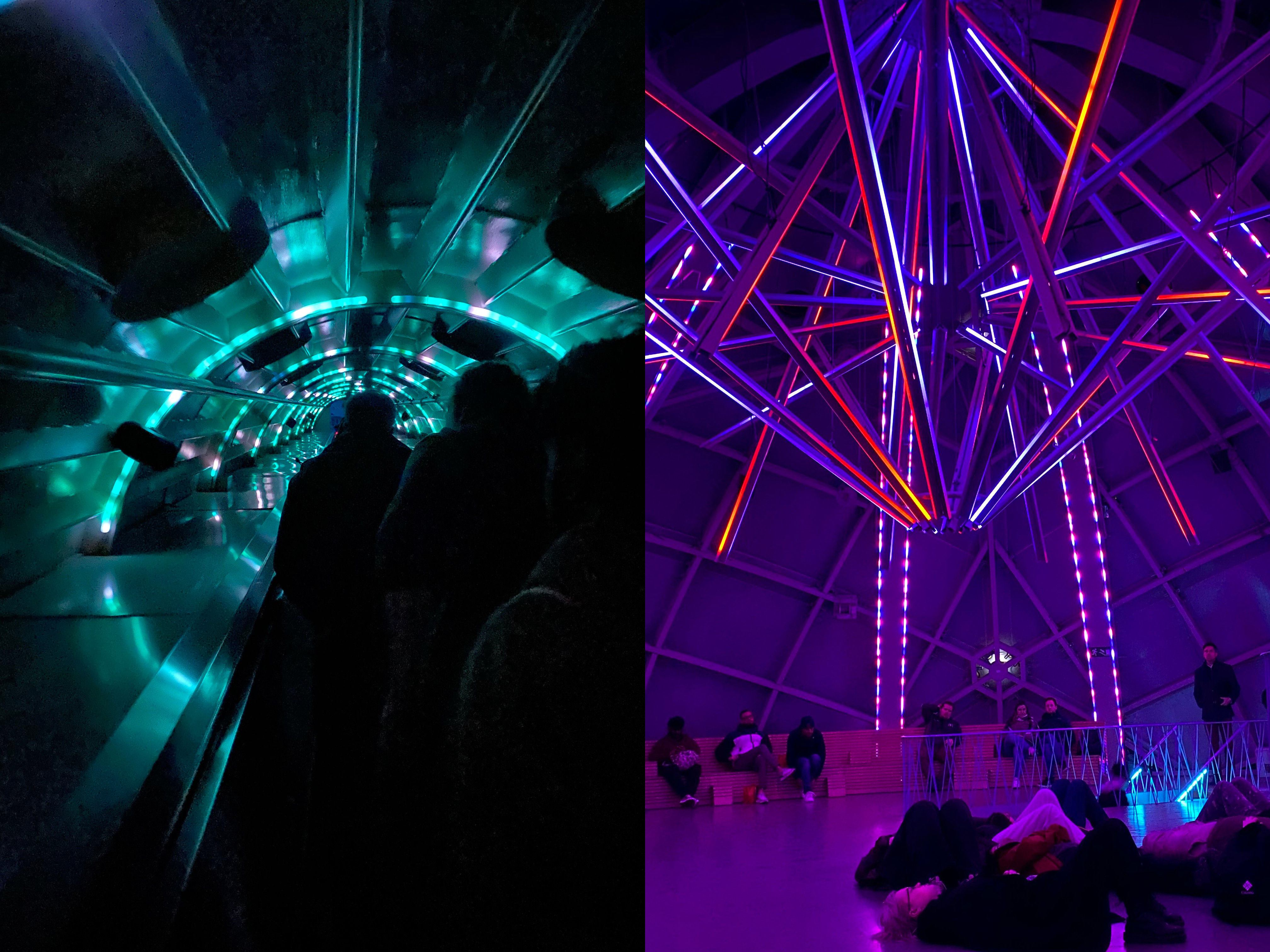 two images, students going through a tunnel of light and students lying under a light show